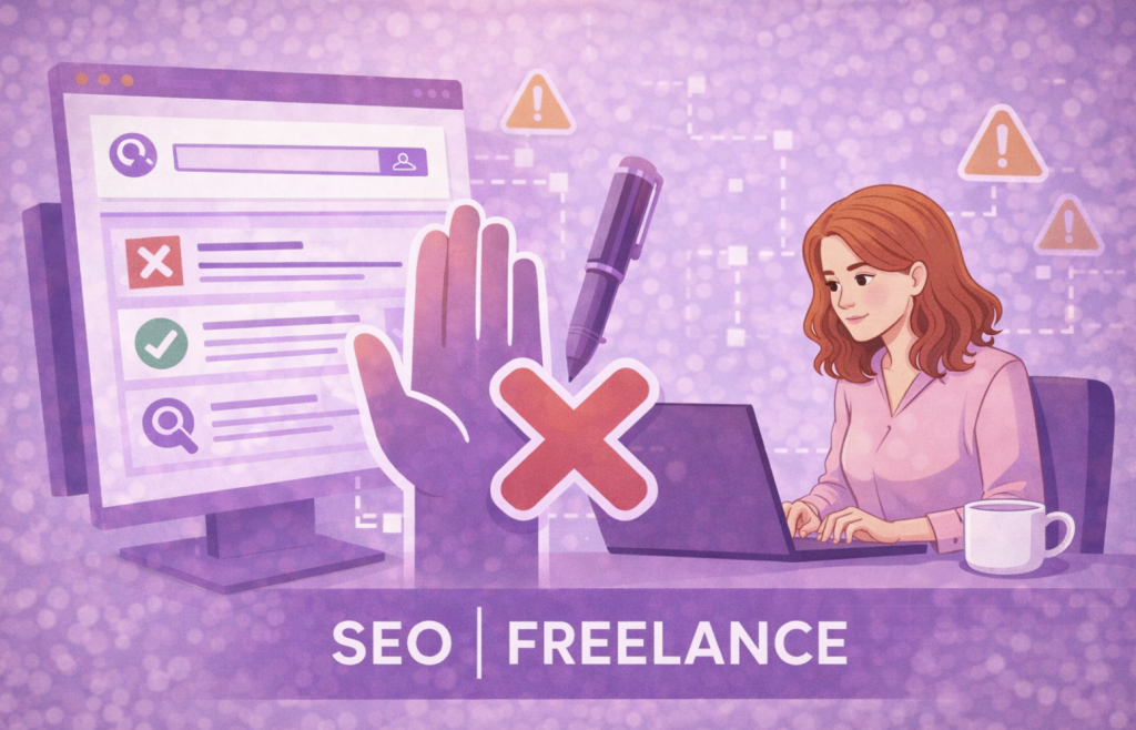 Illustration d'une rédactrice web concentrée devant son ordinateur, illustrant la sélection rigoureuse des missions freelance dans un environnement professionnel aux tons violets et beiges.