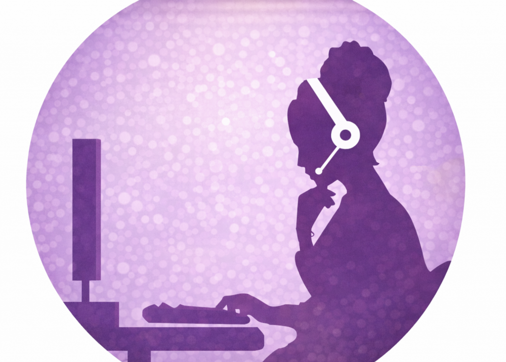 Illustration d'une professionnelle portant un casque micro et travaillant sur un ordinateur, représentant une activité de transcription audio professionnelle, dans un style moderne et épuré.
