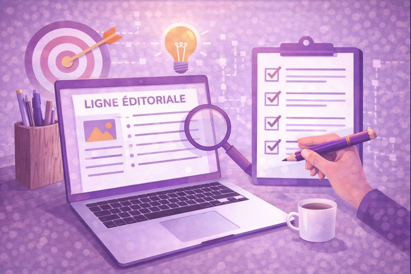 Illustration numérique représentant une rédactrice web et SEO travaillant sur son ordinateur, concentrée sur la définition d’une ligne éditoriale, dans un cadre professionnel.