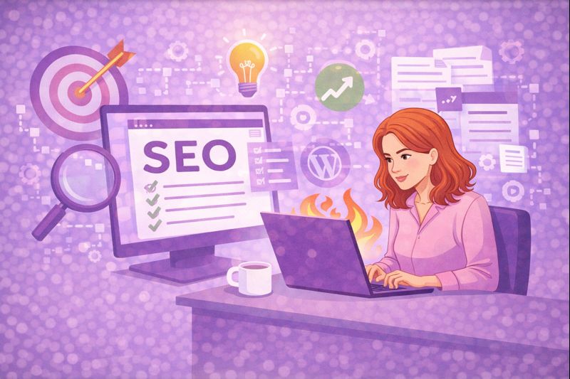 llustration d'une rédactrice web rousse assise à un bureau avec un ordinateur portable, entourée d'éléments graphiques représentant la création de contenu SEO.