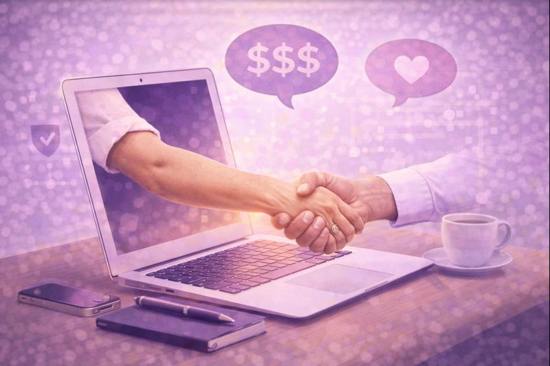 Deux mains se serrant à travers un écran d’ordinateur portable, symbolisant la relation client à distance, avec des bulles illustrant l’aspect financier et humain de la collaboration.