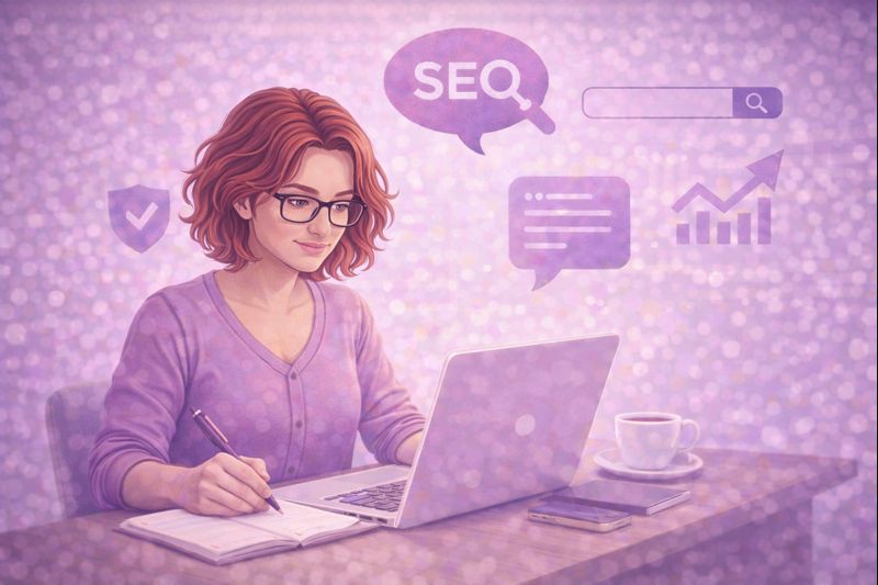 Illustration numérique d'une femme rousse assise à un bureau avec un ordinateur portable, symbolisant le métier de rédacteur web et SEO dans un univers digital moderne.