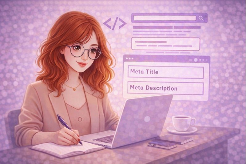 Illustration d’une femme rousse travaillant sur un ordinateur portable, représentant l’optimisation des balises méta-titre et méta-description en rédaction web SEO.