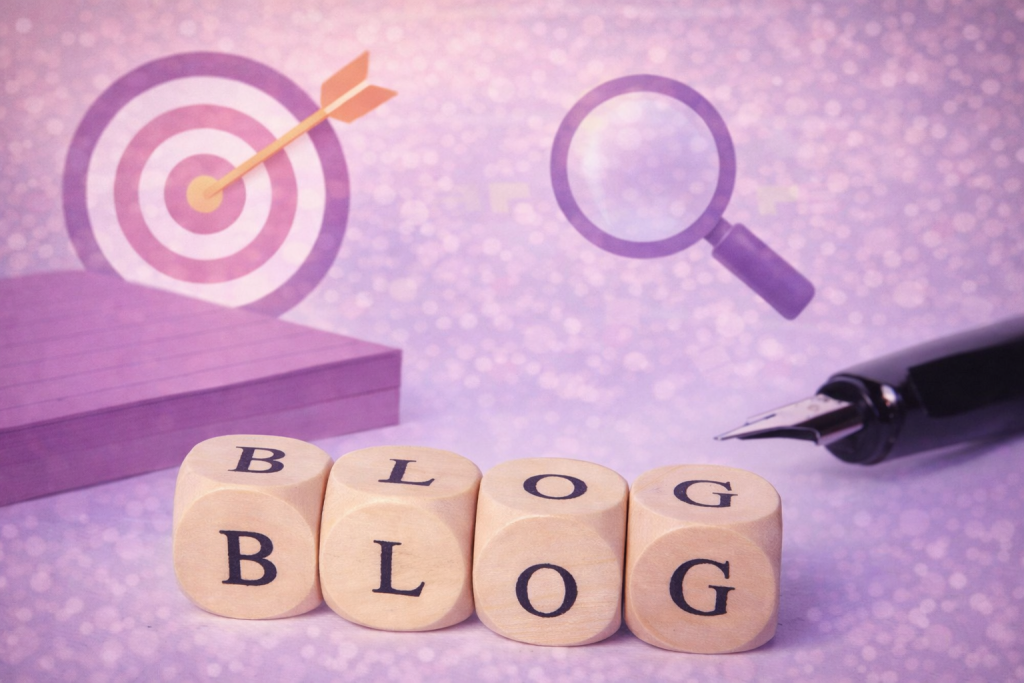 Illustration digitale stylisée représentant le mot "blog" avec une esthétique moderne et professionnelle, évoquant l'importance d’un blog comme outil de communication et de visibilité en ligne.