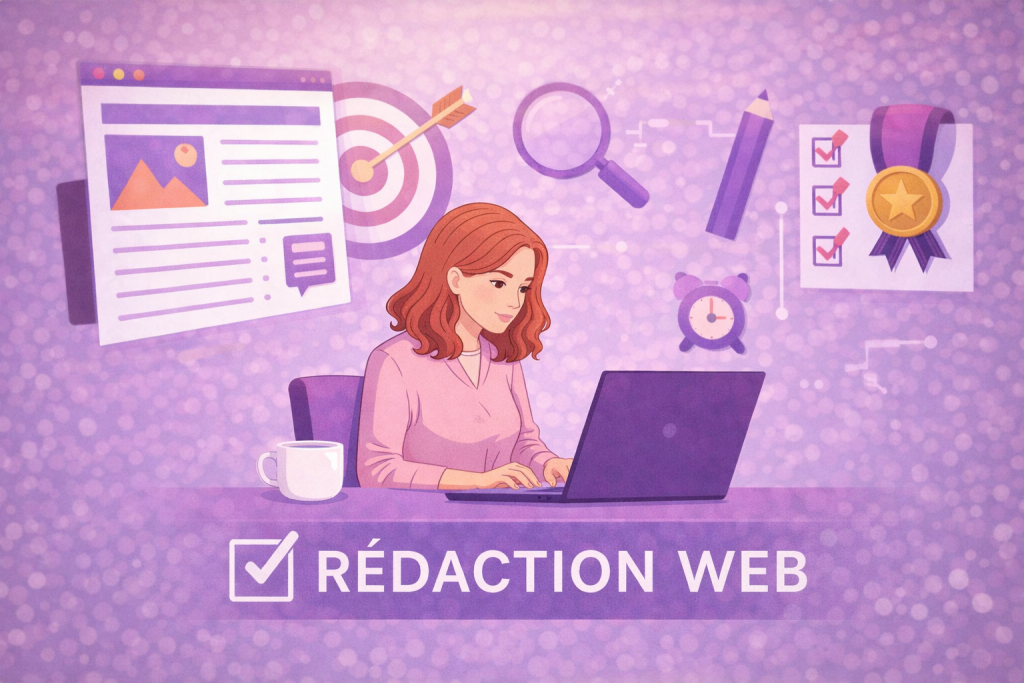 Illustration d’une femme rousse concentrée sur son travail de rédaction web à son bureau, symbolisant le sérieux et la professionnalisation du métier de rédacteur web.