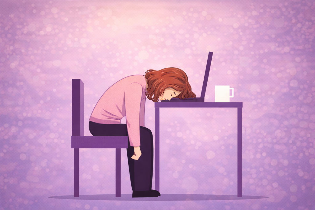 Illustration d’une rédactrice web et SEO assise devant son ordinateur, visiblement épuisée ou démotivée, représentant le blues du début d’année dans un contexte professionnel.