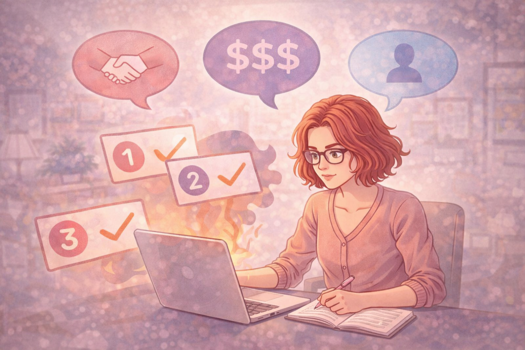 Illustration d’un concept de prospection clientèle, montrant une femme travaillant sur son ordinateur portable entourée d’éléments visuels représentant la recherche de clients, la communication professionnelle et le marketing digital, le tout dans une ambiance moderne respectant la charte graphique de Light Agency.