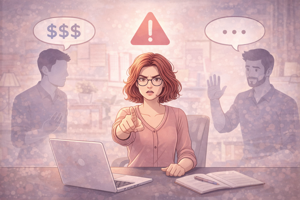 Illustration représentant d'une femme rédactrice web et SEO assise à son bureau, concentrée sur son travail dans une ambiance calme et affirmée, symbolisant la demande de respect envers son engagement et son expertise.