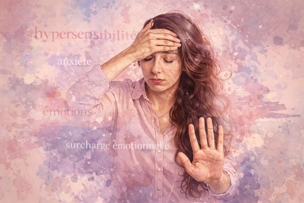 Illustration d’une femme au visage tendu, visiblement submergée par ses émotions, représentant l’hypersensibilité. Les couleurs pastel et les éclats visuels symbolisent l’intensité émotionnelle et mentale liée à l’hypersensibilité.