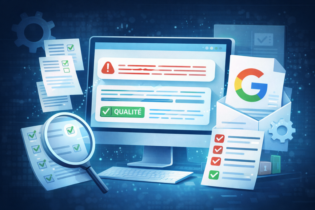Illustration représentant l’impact du Helpful Content Update de Google, avec un écran affichant des contenus validés ou rejetés selon leur qualité, symbolisant l’importance des contenus utiles pour le référencement.