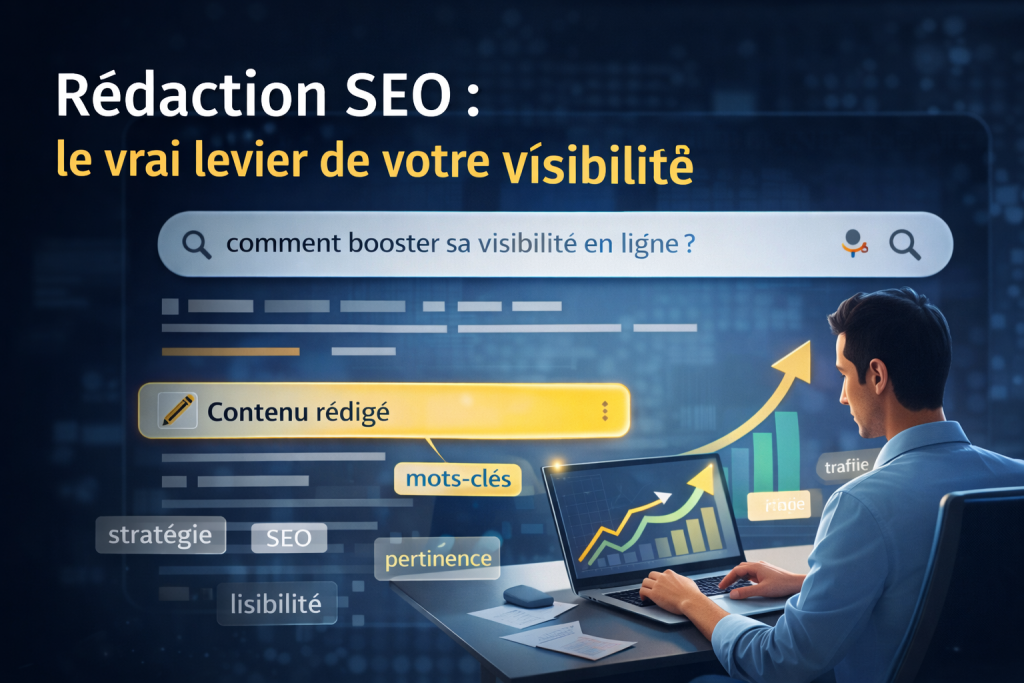 Illustration numérique représentant la stratégie SEO contribuant à la visibilité d'un site web, avec des éléments graphiques symbolisant l’optimisation du contenu, le trafic organique et le positionnement sur les moteurs de recherche.