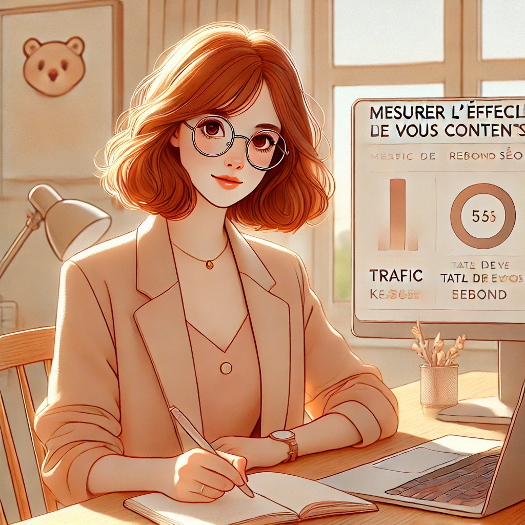Rédactrice web freelance travaillant à son bureau sur un ordinateur portable, carnet à la main, avec des données SEO affichées à l'écran