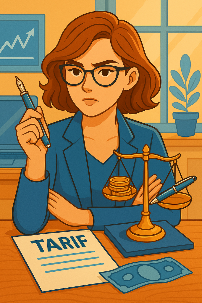 Illustration numérique dans un style semi-réaliste et vintage. Une rédactrice web et SEO aux cheveux bruns courts, portant des lunettes et une veste beige sur un haut bleu, est assise à un bureau. Elle tient une grande pièce d’échiquier en bois (une reine) sur laquelle est attachée une étiquette mentionnant un prix en euros, symbolisant la valeur de l’écriture et du travail intellectuel. L’arrière-plan, dans des tons chauds avec quelques touches de bleu, montre une fenêtre laissant entrer la lumière et une plante verte en pot.