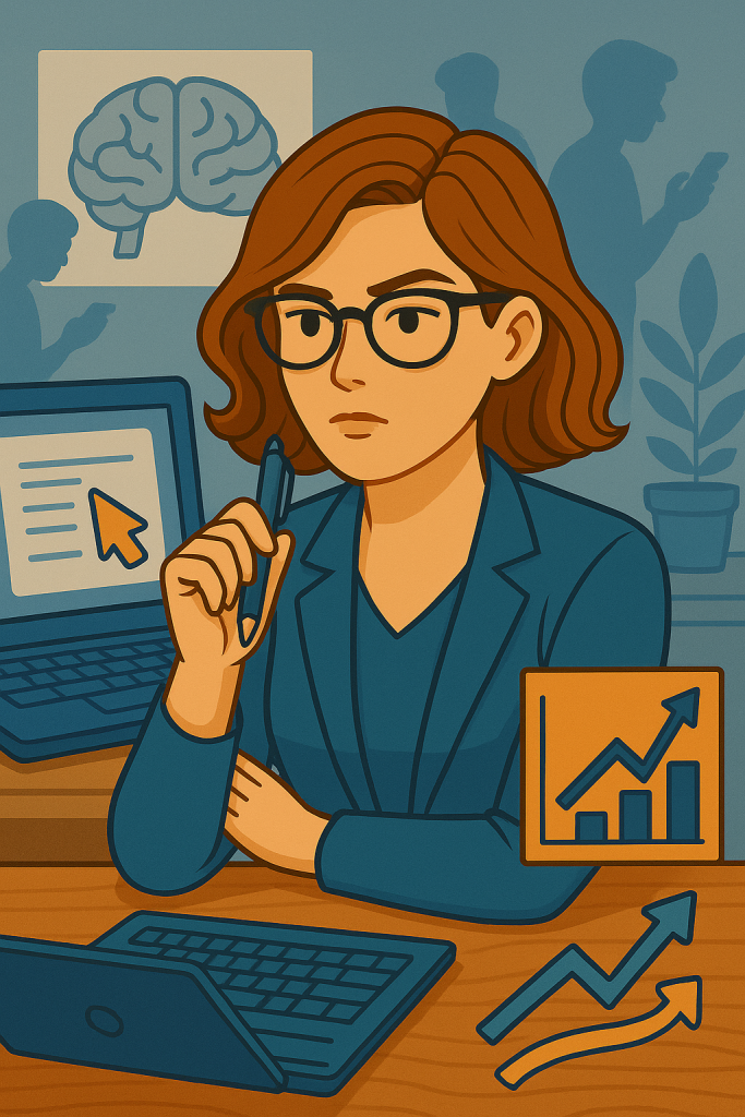 Illustration vectorielle d’une rédactrice web travaillant sur un ordinateur portable, assise à un bureau moderne, entourée d’éléments graphiques évoquant la création de contenu et l’univers digital.