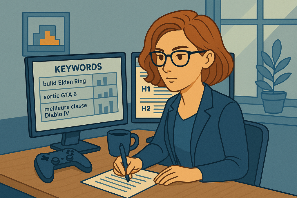 Illustration d’une rédactrice SEO spécialisée dans le gaming, concentrée à son bureau devant deux écrans affichant une recherche de mots-clés liés aux jeux vidéo (Elden Ring, GTA 6, Diablo IV) et une structure d’article. Un contrôleur de jeu, une tasse et une plante décorent l’espace de travail, dans une ambiance professionnelle aux tons bleu-gris.