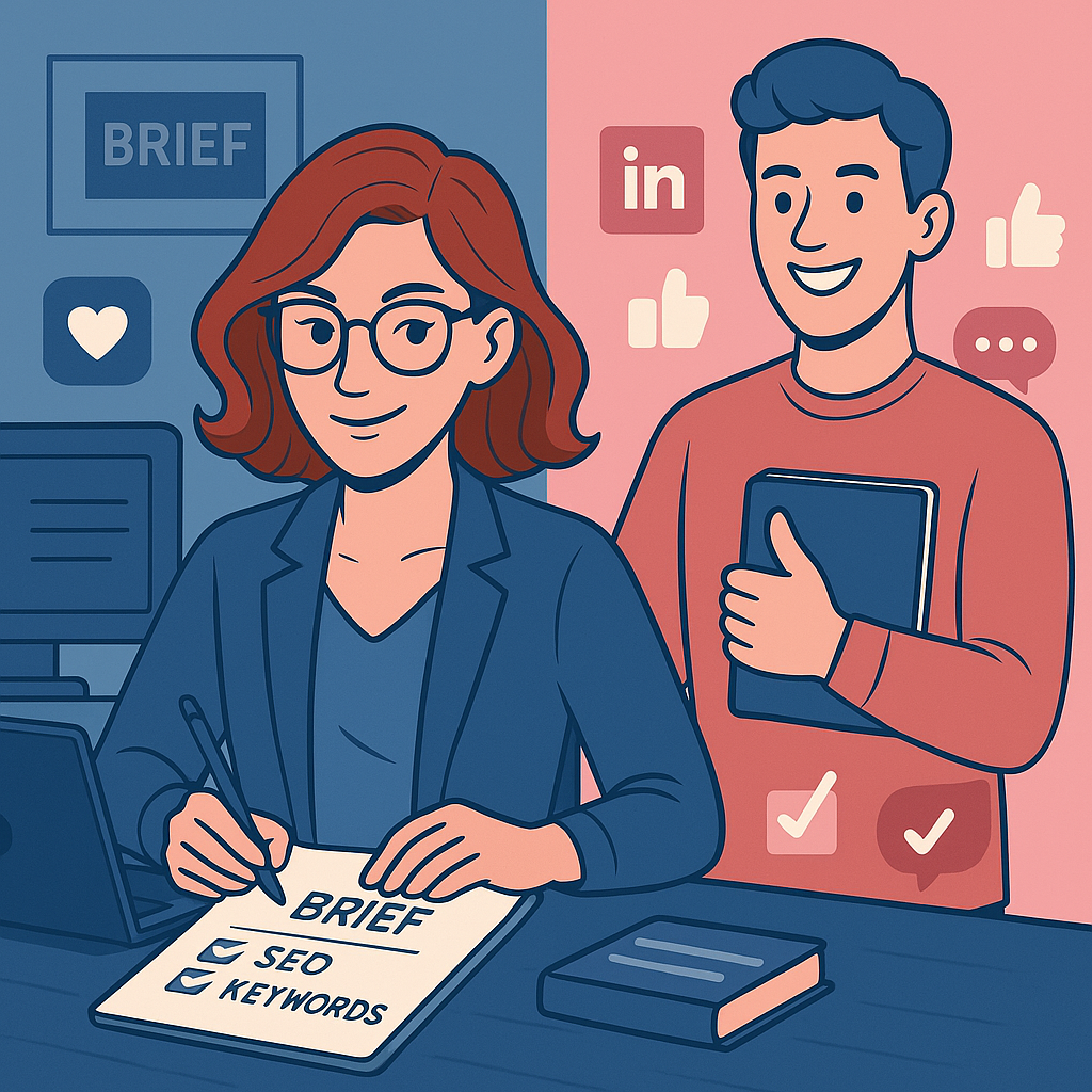 Illustration comparative entre une rédactrice web professionnelle et un influenceur des réseaux sociaux. La scène est divisée en deux : à gauche, la rédactrice concentrée écrit sur un brief avec les mentions “SEO” et “keywords”, entourée d’éléments de travail ; à droite, l’homme souriant, tenant un carnet et entouré d’icônes LinkedIn, likes et messages, symbolise une présence en ligne forte mais superficielle. L’image utilise des tons bleus et roses pour marquer le contraste entre sérieux et popularité.