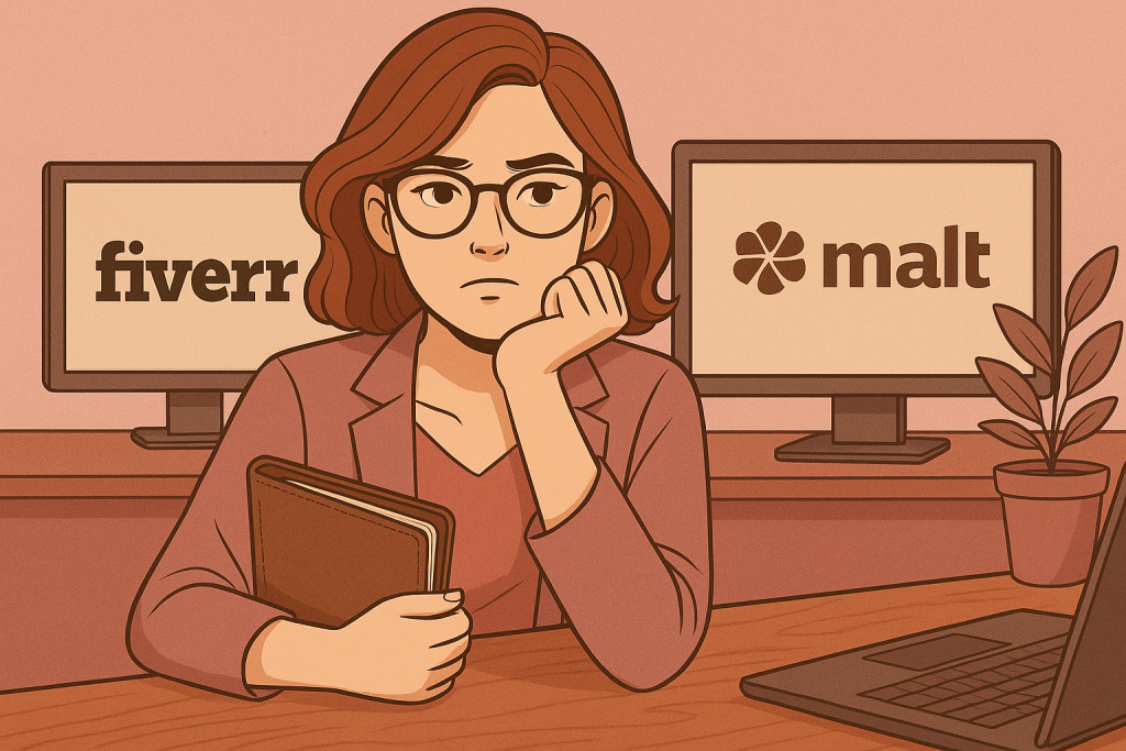 Rédactrice web et SEO concentrée devant son ordinateur, assise à un bureau, dans des tons doux de vieux rose, symbolisant la solitude et la réflexion d’une rédactrice web freelance face aux défis du métier à l’ère de l’IA.