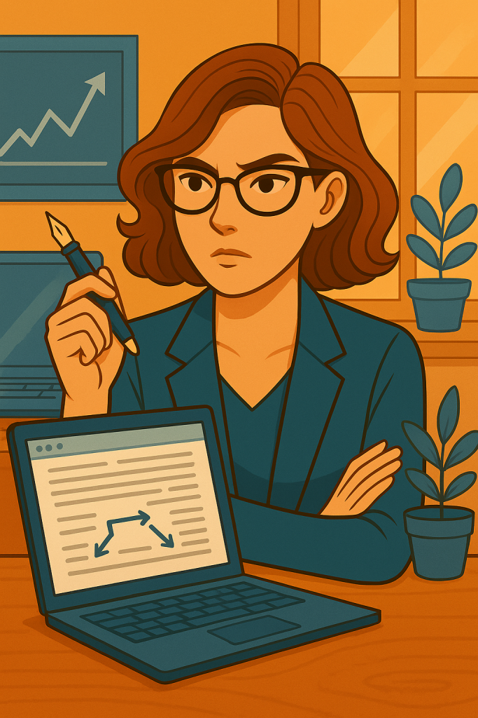 Illustration d’une rédactrice web concentrée, assise à son bureau, analysant un maillage interne affiché sur son ordinateur portable. Elle tient un stylo en main, entourée d’un environnement de travail soigné, avec des éléments de croissance SEO en arrière-plan. L’image évoque le concept de stratégie de linking interne, dans un univers professionnel et structuré.