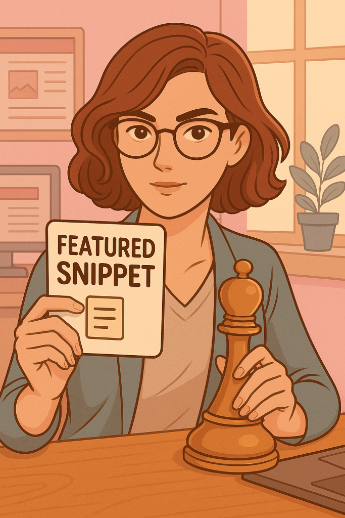 Illustration d'une rédactrice web et SEO aux cheveux bruns et lunettes, assise à un bureau lumineux. L’ambiance est professionnelle et douce, avec une palette chaleureuse teintée de rose. En arrière-plan, des mots-clés comme « image », « identité » et « trafic » s’affichent sur un tableau, suggérant un univers lié à la stratégie de contenu ou au SEO.