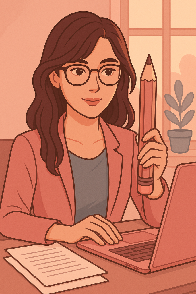 Illustration numérique d'une femme professionnelle aux cheveux bruns longs, portant des lunettes et un blazer rose. Elle est assise à un bureau avec un ordinateur portable rose et des feuilles de papier. Elle tient un grand crayon dans une main, symbole de son métier lié à l’écriture. L’ambiance est chaleureuse, avec des tons doux rose et orangé, et une plante en arrière-plan devant une fenêtre.