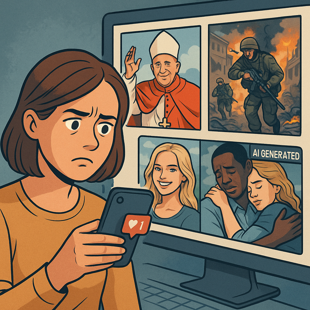 Une jeune femme regarde son smartphone avec inquiétude, tandis qu’en arrière-plan, un écran d’ordinateur affiche plusieurs images hyperréalistes : un pape souriant, des soldats en pleine guerre, un couple en larmes, et une femme blonde qui sourit. Un encadré "AI GENERATED" apparaît sur certaines images, illustrant la confusion entre réalité et contenus générés par intelligence artificielle.