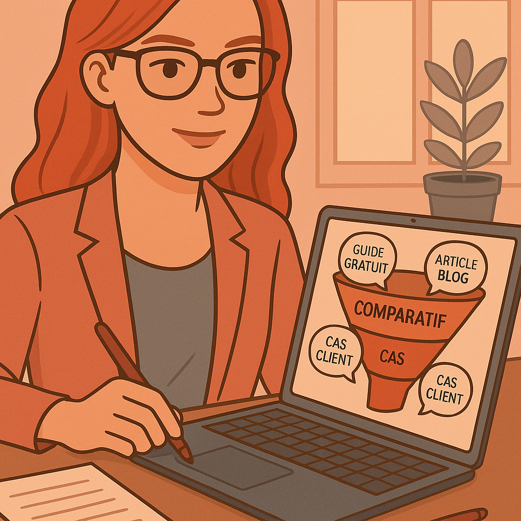 Illustration d’une rédactrice web rousse, assise à son bureau, travaillant sur un ordinateur portable bleu affichant un entonnoir de conversion avec des contenus TOFU, MOFU et BOFU comme "guide gratuit", "article blog", "comparatif" et "cas client". Elle tient un stylo, prête à écrire, dans une ambiance professionnelle et chaleureuse.