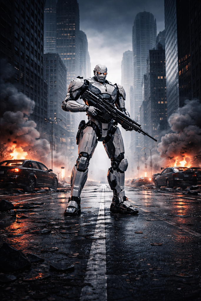 Un robot blanc futuriste, massif et armé, se tient seul au centre d’une ville moderne en ruine. La rue est déserte, jonchée de débris, tandis que des voitures brûlent au second plan dans une ambiance apocalyptiqu