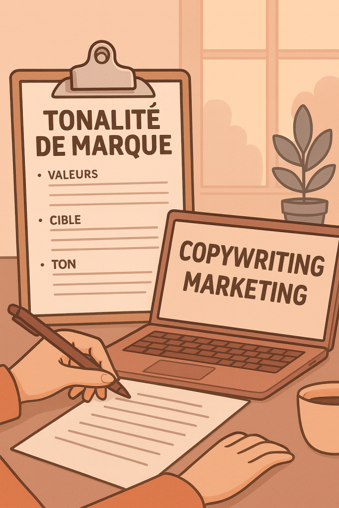 Illustration d'une femme rédactrice concentrée sur son ordinateur, dans un cadre professionnel, avec des éléments visuels évoquant la création de contenu et l'identité de marque.