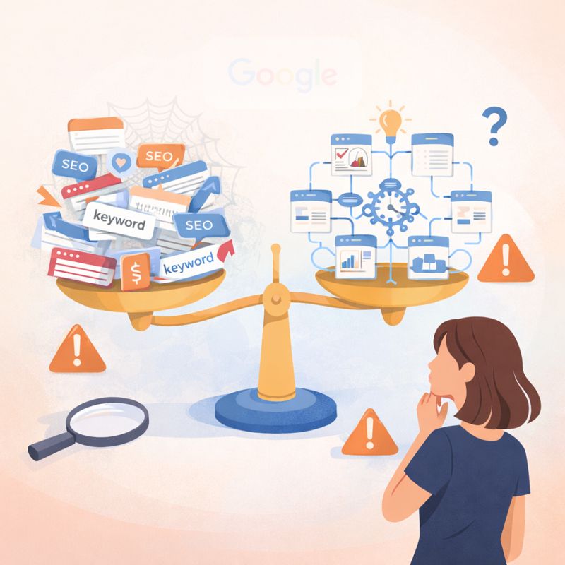 Illustration représentant l’autorité thématique en SEO : une balance déséquilibrée compare des pratiques SEO désorganisées à gauche (mots-clés épars, contenu sans structure) et une architecture thématique claire à droite (pages reliées en cluster). Une femme observe la scène avec perplexité, entourée de pictogrammes d’alerte.