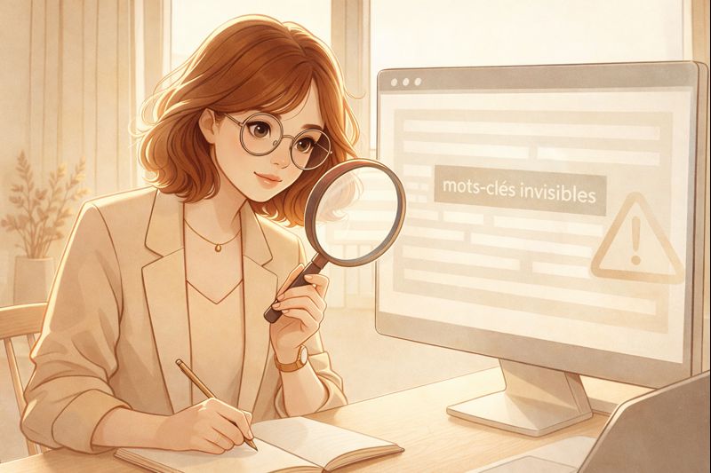 Illustration d’une rédactrice web examinant un contenu à la loupe pour détecter des mots-clés dissimulés, dans un décor professionnel et chaleureux.