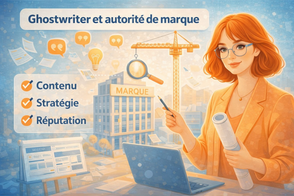 Illustration professionnelle représentant le travail d’un ghostwriter : structuration d’idées, stratégie éditoriale et construction de l’autorité de marque.