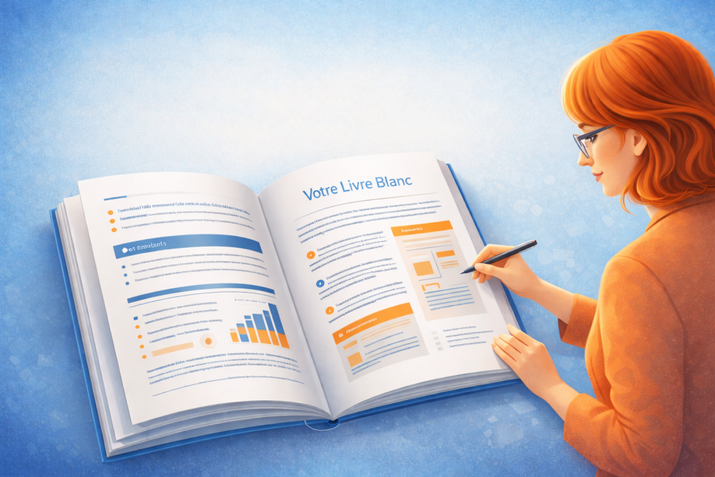 llustration d’une ghostwriter en train de structurer et annoter un livre blanc stratégique dans un environnement professionnel bleu et orange.
