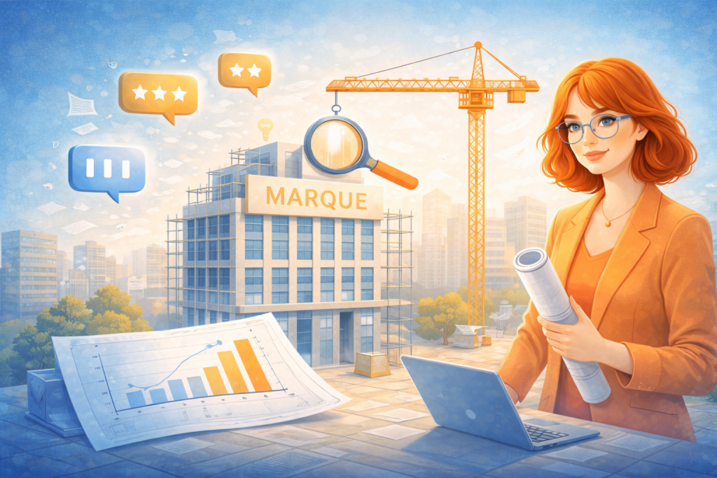 Illustration représentant la construction stratégique de l’e-réputation d’une marque, avec un bâtiment en chantier, des avis clients, des graphiques de performance et une professionnelle analysant la réputation en ligne.