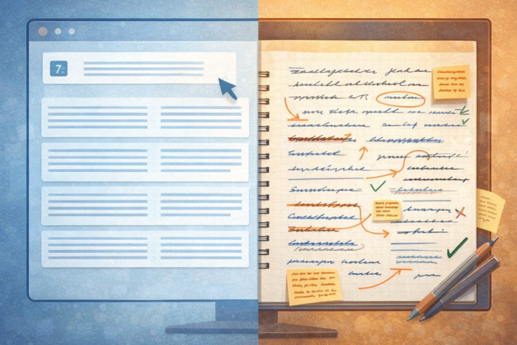 Illustration montrant le métier de rédacteur web : d’un côté une interface d’IA produisant des textes standardisés, de l’autre un contenu annoté à la main révélant la réflexion, l’intention éditoriale et l’analyse humaine.