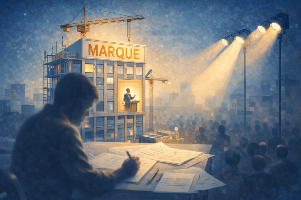 Illustration du ghostwriting stratégique : un rédacteur travaille en arrière-plan pendant qu’un leader s’exprime sous les projecteurs pour construire son autorité de marque