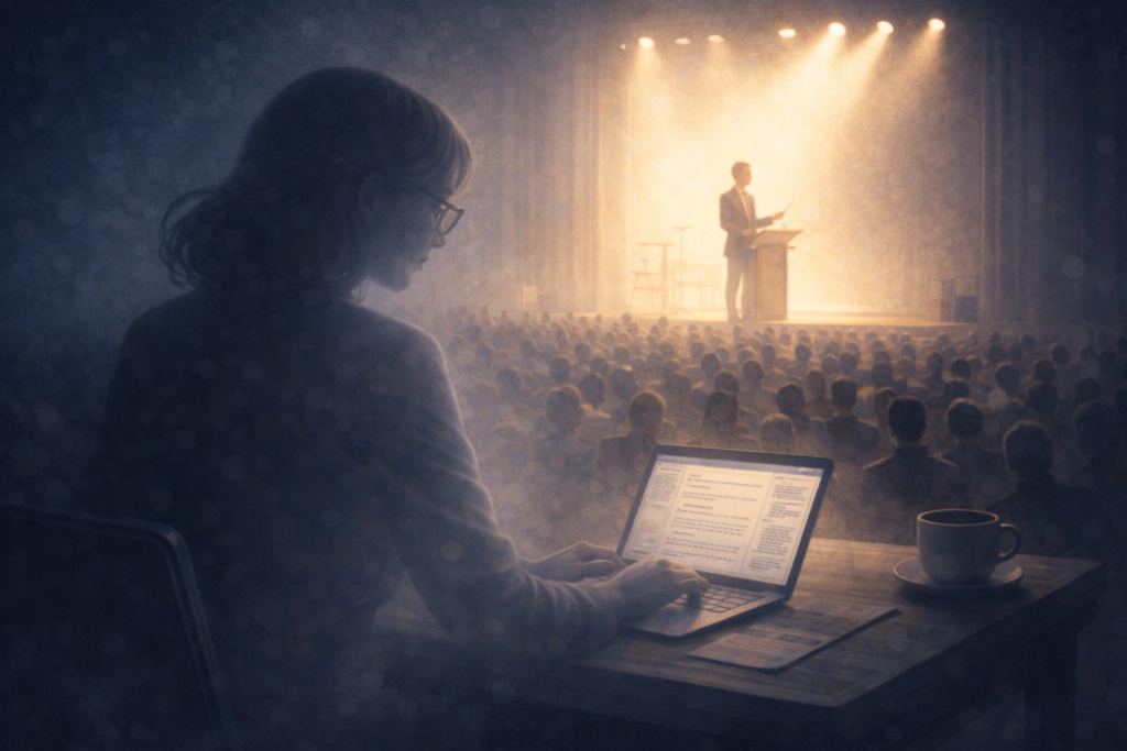 Ghostwriter invisible sur les réseaux sociaux travaillant dans l’ombre sur un laptop, pendant qu’un dirigeant s’exprime sur scène devant un public