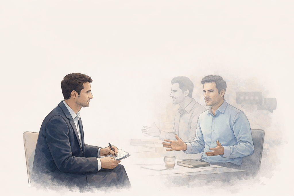 Illustration d’un client mystère observant une séance de coaching, carnet en main, avec une scène en double illustrant l’écart entre le discours de la marque et l’expérience client réelle.