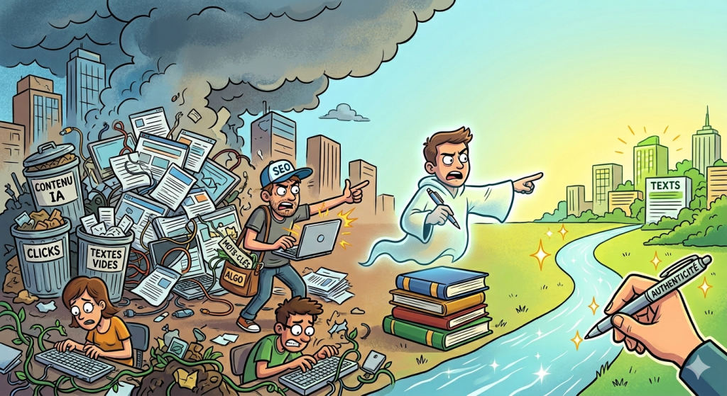 Ghostwriter et rédacteur SEO illustrés dans un dessin de style cartoon montrant le contraste entre la pollution numérique et le contenu de qualité. À gauche, une scène sombre avec des poubelles débordant de "Contenu IA" et de "Textes vides", entourée de rédacteurs épuisés. À droite, un esprit (ghostwriter) pointe vers un paysage lumineux et verdoyant où coule une rivière d'encre limpide, symbolisant l'authenticité et la clarté éditoriale. Au premier plan, une main tient un stylo marqué "Authenticité" pour tracer ce nouveau chemin.