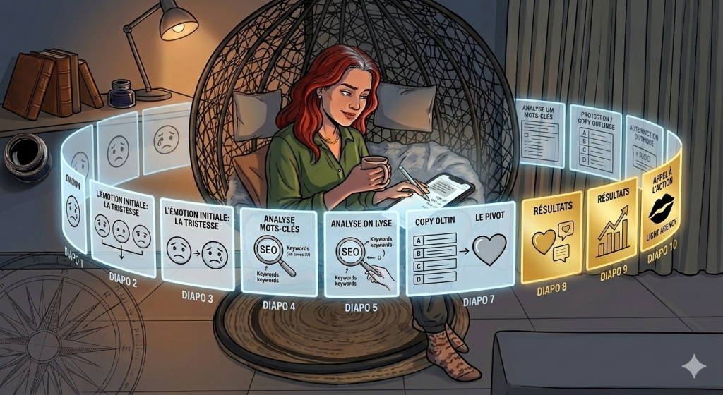 Rédactrice SEO créant un carrousel LinkedIn stratégique à 10 diapositives. L'image montre une femme rousse en train de dessiner sur une tablette dans une chaise œuf, entourée d'un arc de diapositives virtuelles et lumineuses. Ces diapositives décomposent les étapes de création du carrousel, de l'émotion de base (tristesse) à la solution SEO, en passant par l'analyse des mots-clés et le CTA de Light Agency.